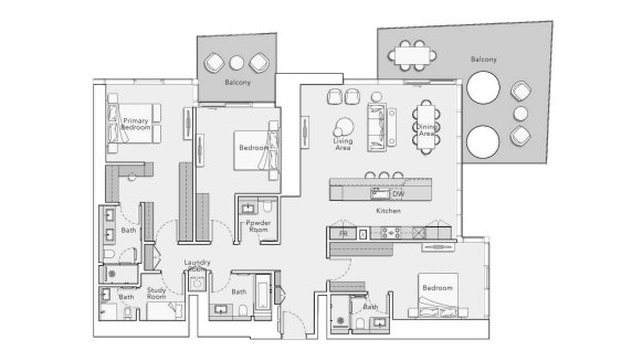 Apartment floor plan, 3 bedrooms in MERCER HOUSE No. 11008 (2D)